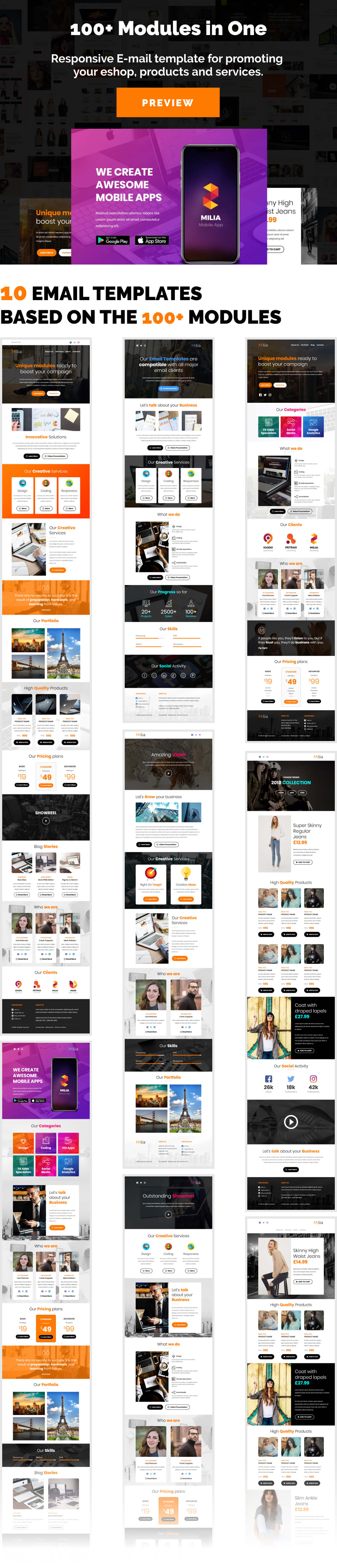 Milia - Responsive Email Set for Agencies, Startups & Creative Teams with Online Builder